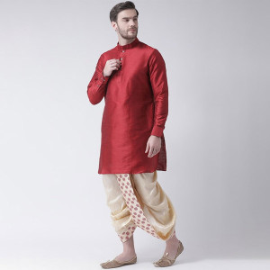 Men Cream-Coloured & Red Printed Dupion Silk Dhoti